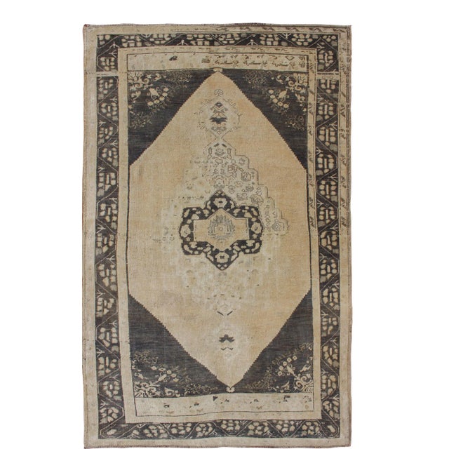 Dark Blue and Cream Turkish Oushak Rug With Tribal Geometric Design For Sale