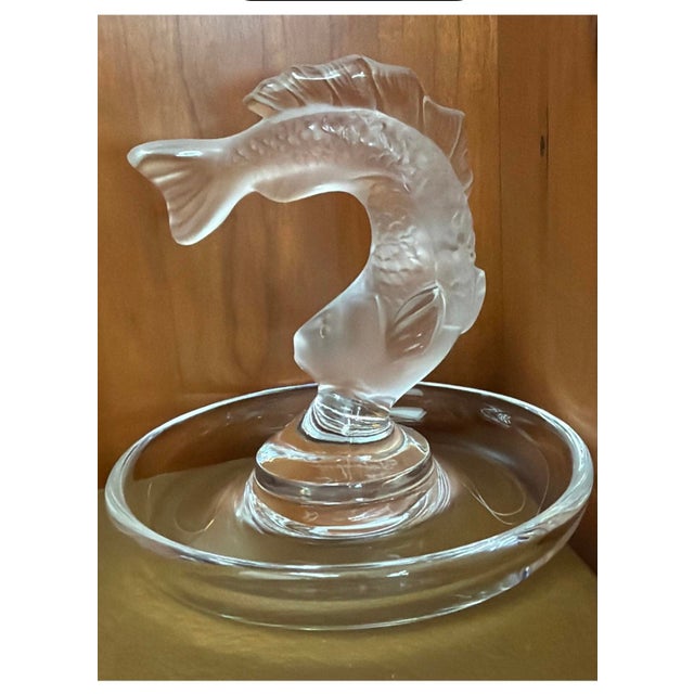 A Striking Lalique France "goujon"crystal ring dish featuring a sculptural frosted koi rising gracefully from a clear...