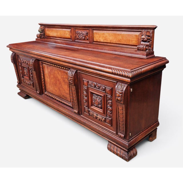 Baroque Mid 20th Century Monumental Carved Baroque Style Credenza With Figured Wood Panels — 102″ Wide For Sale - Image 3 of 12