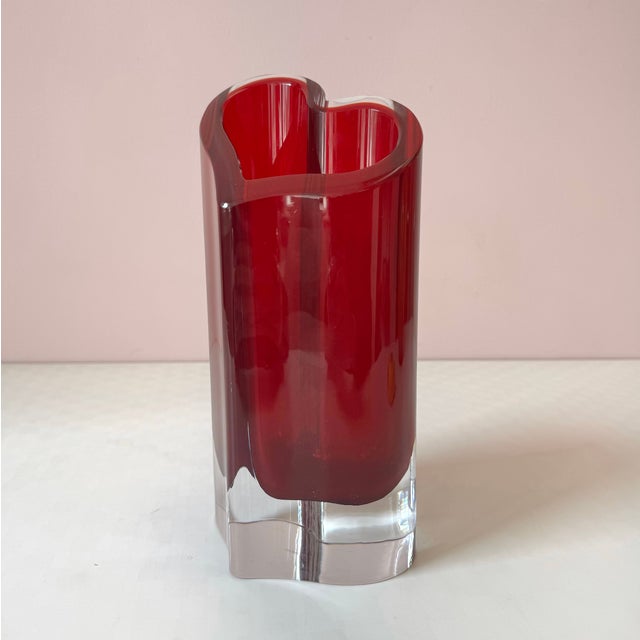 A stunning red crystal glass heart vase with clear base. Marked 'Movado' on underside. c.1980’s.