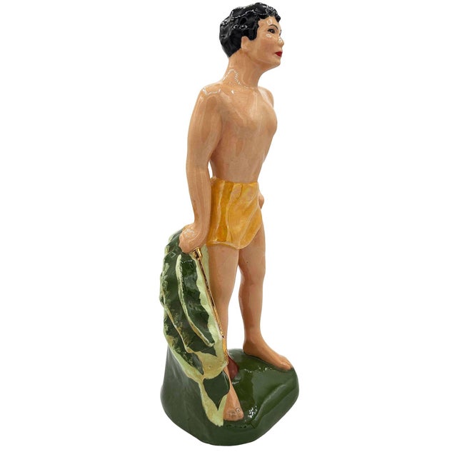 Mid 20th Century Hand Painted Native Surfer W/ Gold Machete Ceramic Sculpture For Sale - Image 4 of 7