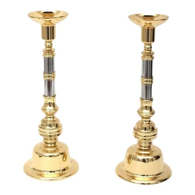 1980s Candle Holders Neoclassical Brass and Chrome Candle Sticks - a Pair For Sale - Image 10 of 10