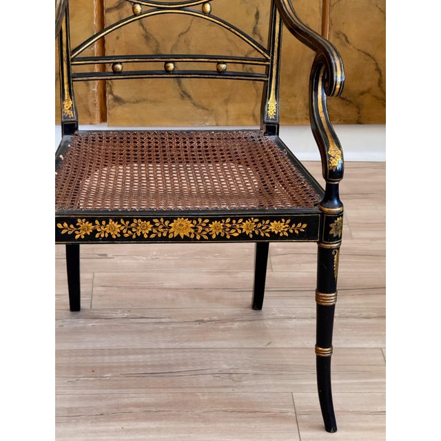 Black Set of Four English Regency Black Lacquer Dining Chairs With Gilt Decoration For Sale - Image 8 of 16