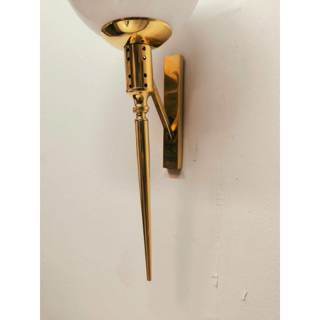 Gold Brass Torch Wall Light with White Glass Sphere, 1950s For Sale - Image 8 of 18