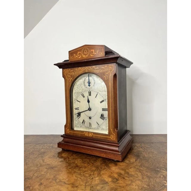 Edwardian Rosewood Inlaid Chiming 8 Day Mantle Clock, 1900s For Sale - Image 3 of 9