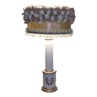 Vintage Table Lamp with White Porcelain Base by Porcelaine De Bruxelles and Fabric Shade by Lamplove For Sale