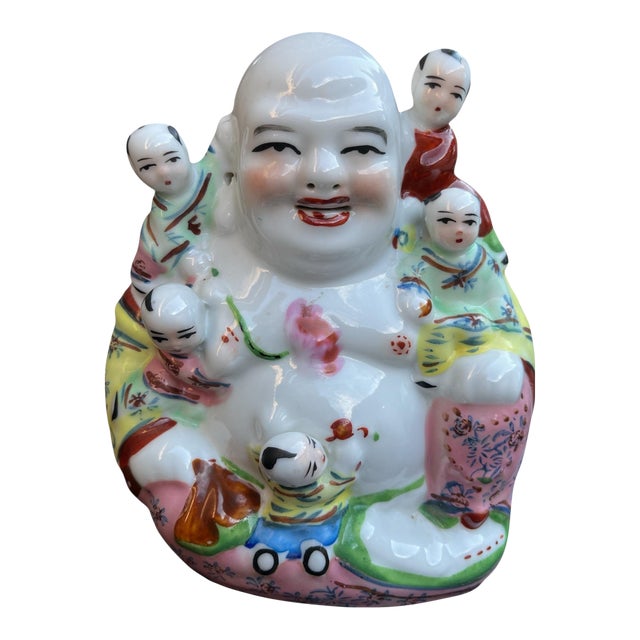 Vintage Chinese Porcelain Laughing Buddha With Five Children – Hand-Painted Famille Rose Figurine For Sale