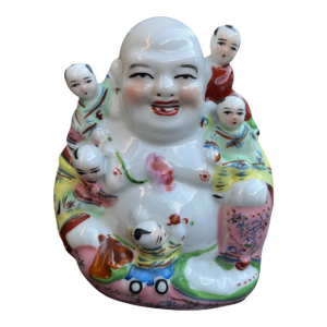 Vintage Chinese Porcelain Laughing Buddha With Five Children – Hand-Painted Famille Rose Figurine