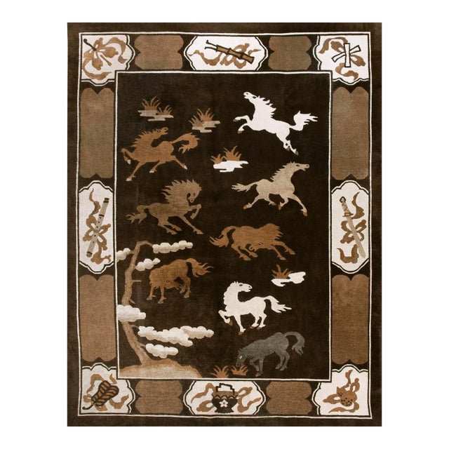 Elegant Brown Color With Expressionist Design Horses Chinese Antique Pictorial Rug For Sale