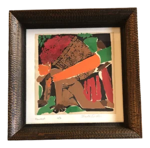 Original Vintage Modernist Wood Block Print by Charlie Huther “Harvest “ Framed