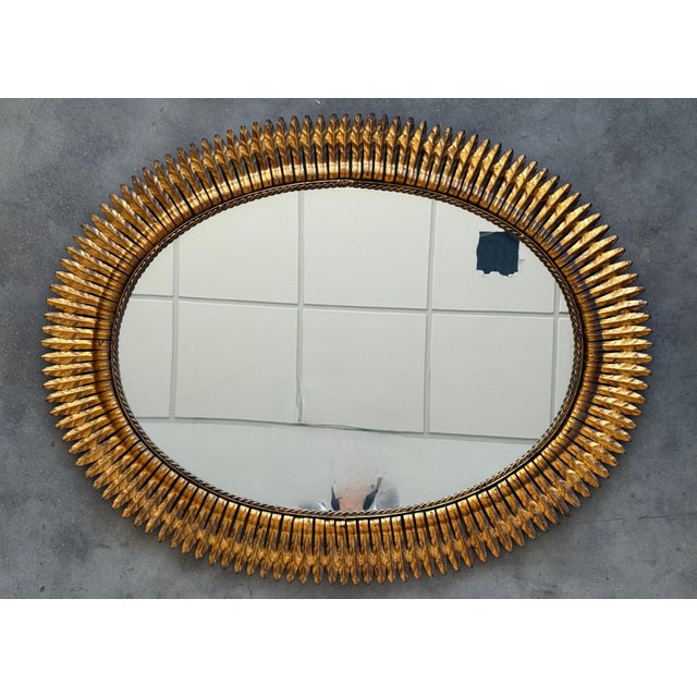 Mid-Century Modern Mid 20th Century Large Spanish Gilt Metal Oval Sunburst Mirror 46´ For Sale - Image 3 of 6