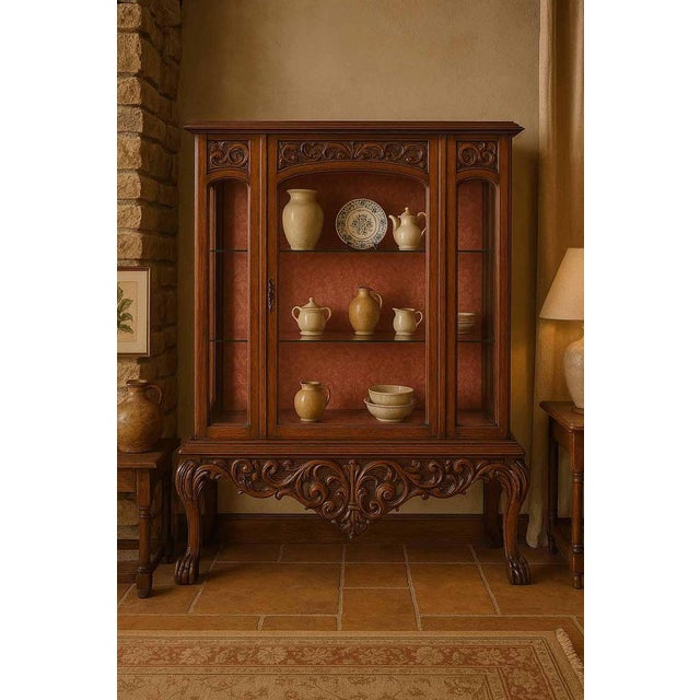 This splendid old carved wooden display case perfectly embodies the elegance and finesse characteristic of Chippendale...