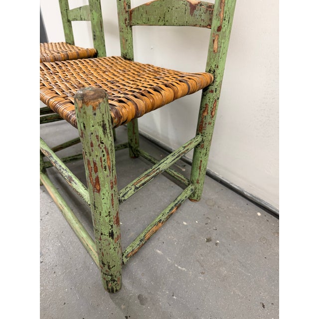 Gorgeous Pair of Distressed Early American Shaker-Style Ladder Back Chairs With Original Green Paint For Sale - Image 4 of 12