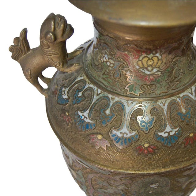 Bronze Chinese Cloisonne Table Lamp With Foo Guard Dogs For Sale In Los Angeles - Image 6 of 7