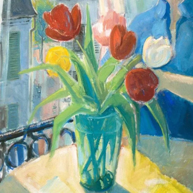 'Young Woman Arranging Tulips With a View of Notre Dame and Paris' by Johannes Meyer Andersen, Royal Danish Art Academy For Sale - Image 4 of 9