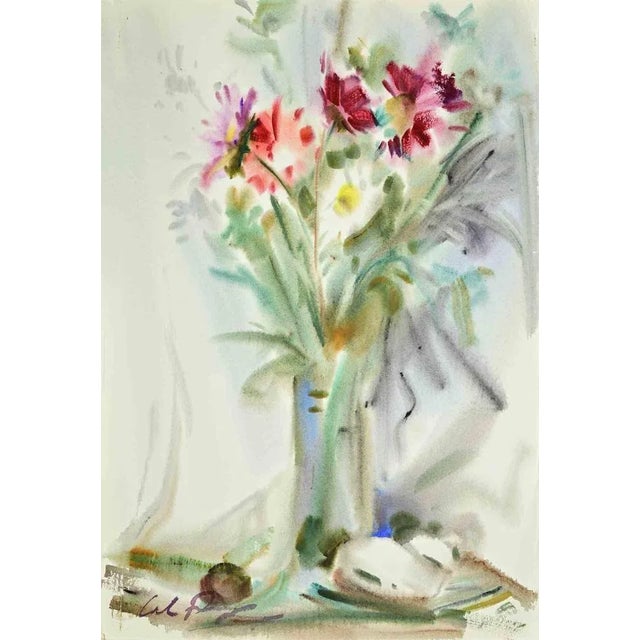 Modern Carlo Ravagnan, Vase of Flowers, Watercolor, 1969 For Sale - Image 3 of 3