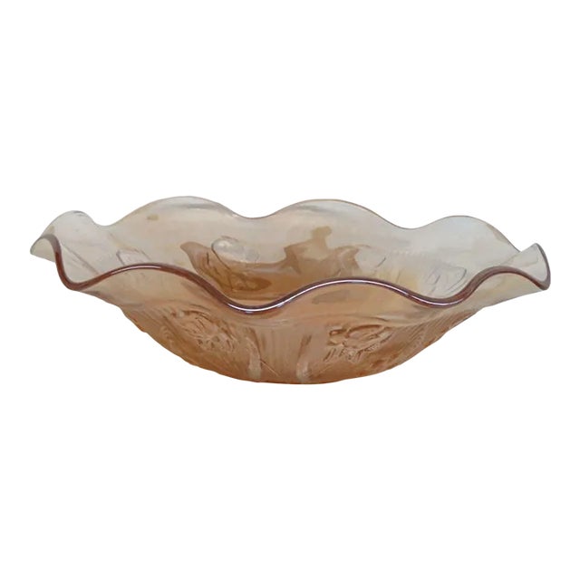 Jeannette Iris and Herringbone Marigold Large Glass Ruffled Serving Bowl For Sale