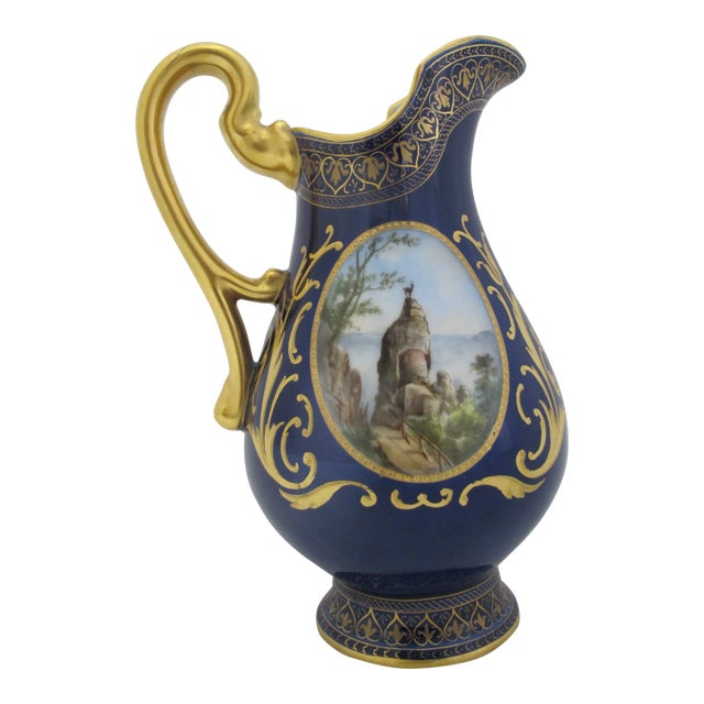 19th Century Art Nouveau Hans Heiling Karlsbad 19thc Gilt Hand Painted German Landscape Porcelain Pitcher For Sale