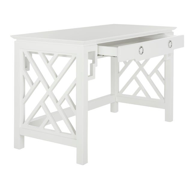 Oren Fretwork Trellis Lacquer Writing Desk in White For Sale - Image 4 of 9