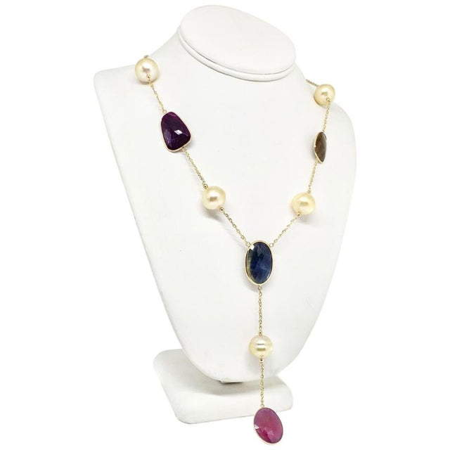 Metal South Sea Pearl Ruby Sapphire Necklace 14k Gold Certified For Sale - Image 7 of 8