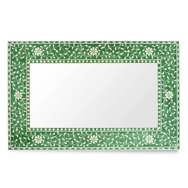 Indian Vintage Green & White Floral Indian Boho Wall Mirror For Sale - Image 3 of 4