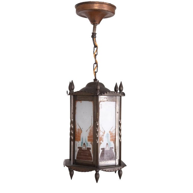 Amsterdam School Art Deco Hexagonal Hallway Lamp with Painted Glass, 1920 For Sale - Image 3 of 14