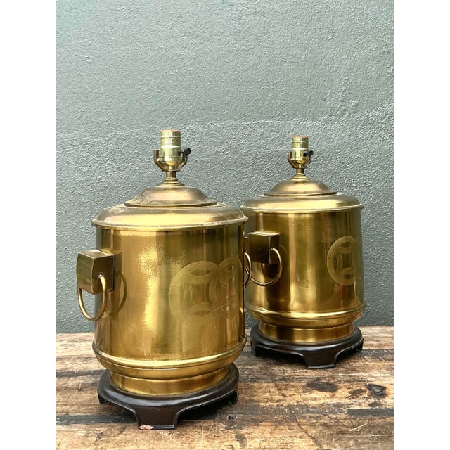 Wood Vintage Brass Medallion Ring Lamps - A Pair For Sale - Image 7 of 12