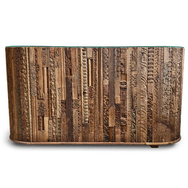 Unique rounded oval bar counter table crafted from vintage wood moulding pieces, each with unique designs, signs of age,...
