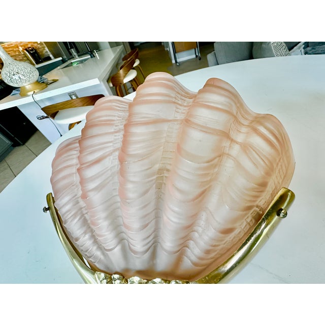 Pair Art Deco Shell Clam Shaped Pink Glass Brass Wall Sconce For Sale - Image 10 of 18