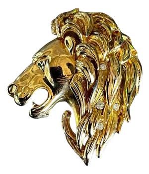 Vintage Lion's Head Gold Tone Brooch With Rhinestone Eye