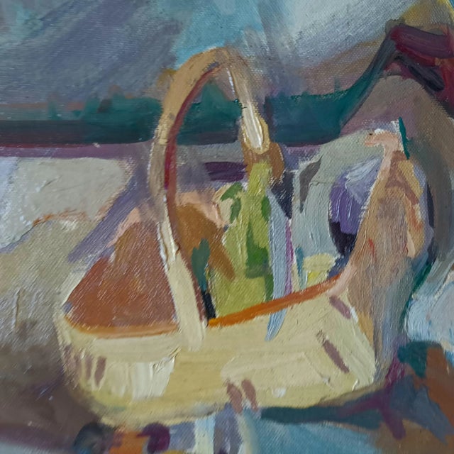 1990s Picnic With Sunflowers Original Still Life Oil Painting by David Beynon Pena For Sale - Image 5 of 6