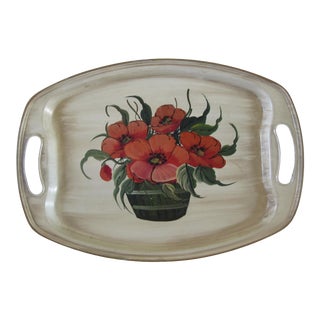 Hand Painted Pilgrim Art Tole Tray With a Basket of Poppies For Sale
