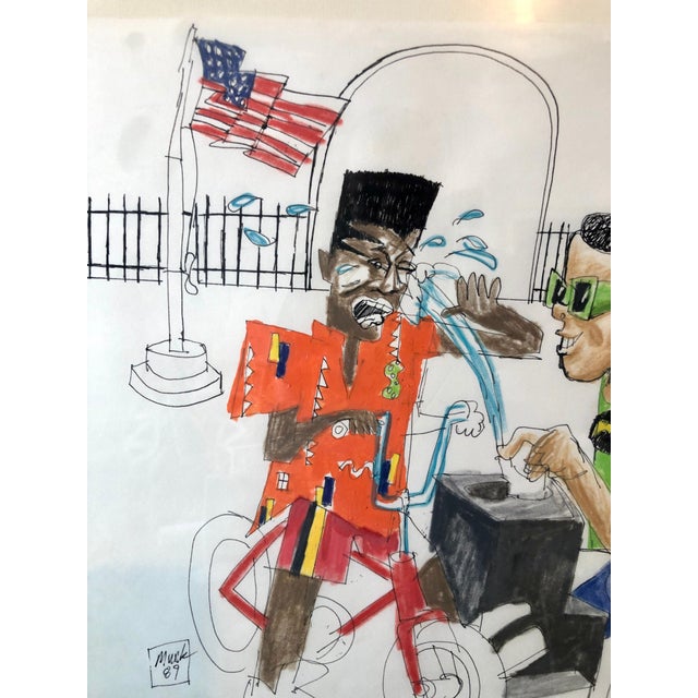 Loren Munk, Mixed Media Neo Expressionist Painting Drawing African American Kids in Park, 1989 For Sale - Image 4 of 6