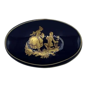 Late 20th Century Limoges France Cobalt Blue & Gold Porcelain Oval Trinket Box With Lid