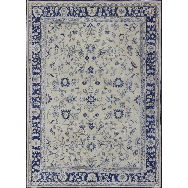 Floral Vintage Oushak in Blue and Cream With All-Over Design For Sale - Image 13 of 13