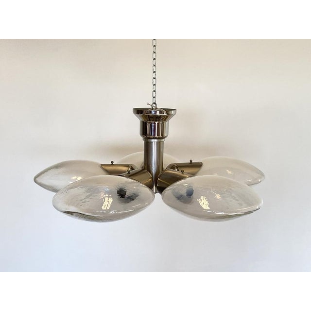 60s Chandelier Space Age satin steel structure and transparent glass speakers with white shades adjustable in different...