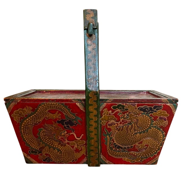 Wood Chinese Vintage Hand-Painted Wedding or Rice Box With Handle, Dragons For Sale - Image 7 of 10