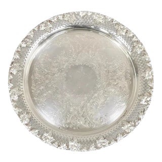Vintage English Victorian Style Grapevine Fretwork Silver Plated Round Tray For Sale