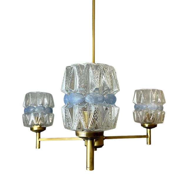 Mid-Century Modern Three-Light Wood and Glass Chandelier, 1960s For Sale