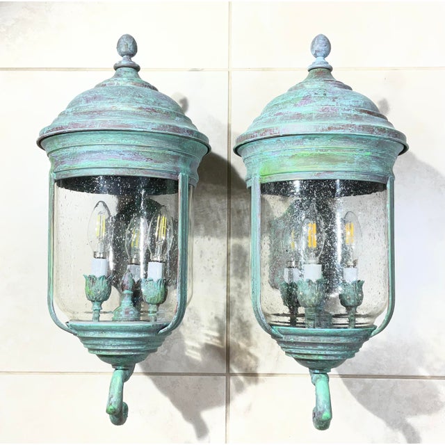 Metal Pair of Vintage Solid Brass Wall Lanterns /Sconces 22”x10”x11”.5 For Sale - Image 7 of 16