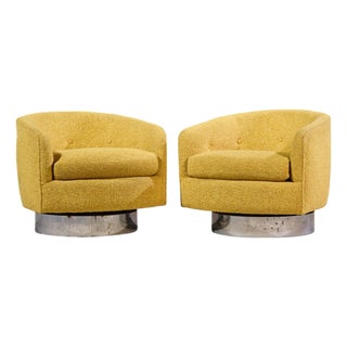 Milo Baughman for Thayer Coggin Roxy Mid Century Chrome Barrel Swivel Lounge Chairs - Pair For Sale