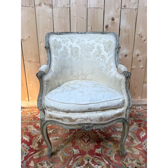 Blue Louis XVI Wingback Armchair in Grey Lacquered Wood and Damask Silk For Sale - Image 8 of 8
