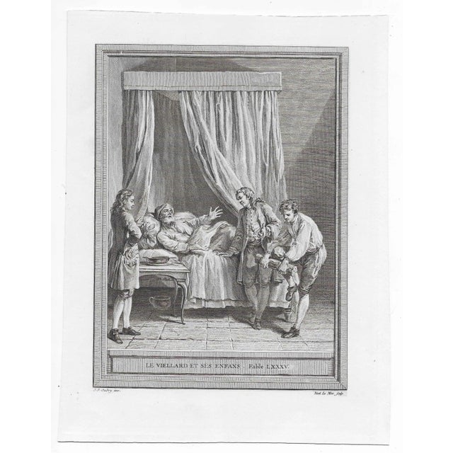 Antique print of the Jean Baptiste Oudry (1686-1785) engraving "le Viellard et ses Enfans."
