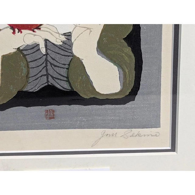 Cream 1959 Jun'ichiro Sekino Pencil-Signed Japanese Woodblock Print, "Young Girl With Two Cardinals" - Framed For Sale - Image 8 of 10