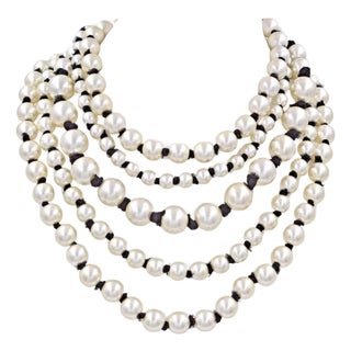 Chanel Necklace CC Logo 2016 20 28 in Faux Pearl Ribbon 5 Multi Rows White Black Ribbon For Sale