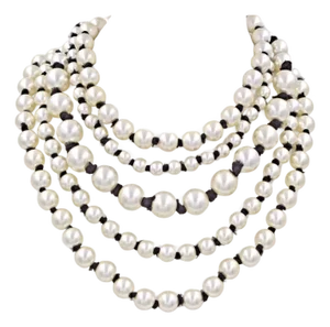 Chanel Necklace CC Logo 2016 20 28 in Faux Pearl Ribbon 5 Multi Rows White Black Ribbon