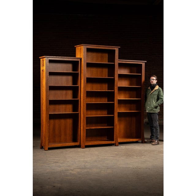 1990s/2000s; Weaver Furniture - Shipshewana, IN Handcrafted three-section bookcase suite executed in quartersawn oak,...