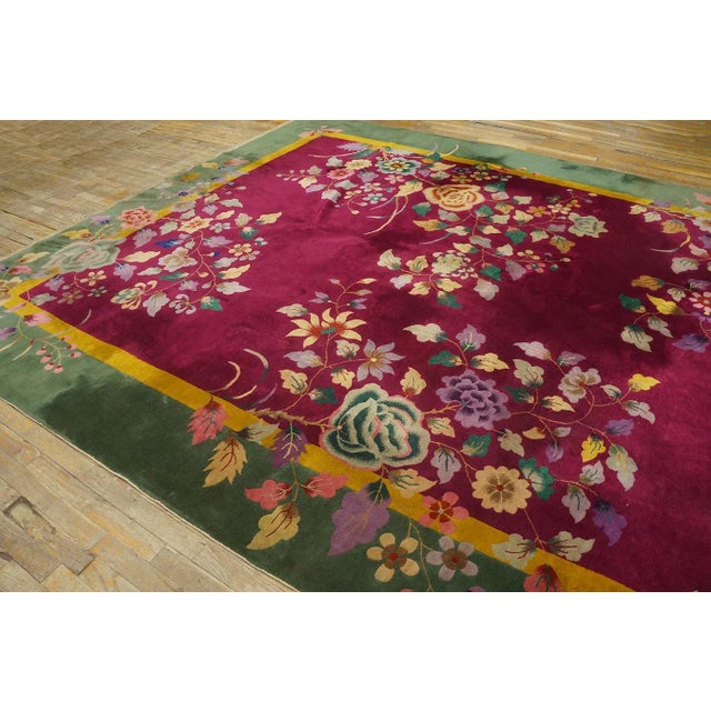 1920s Red Burgundy Floral Antique Chinese Art Deco Carpet 9' X 11'7" Knotted Wool Rug For Sale - Image 4 of 12