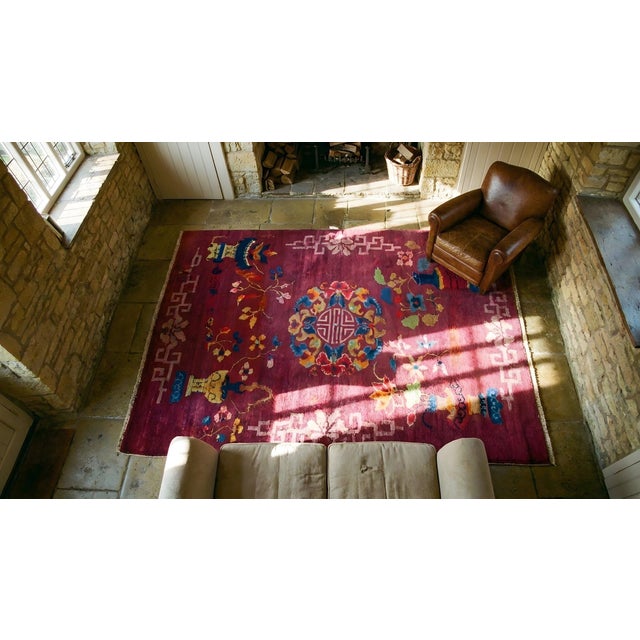 Lofty Purple Ground Color With Bits of Chinese Ornament Floral Design Antique Art Deco Rug For Sale - Image 10 of 12