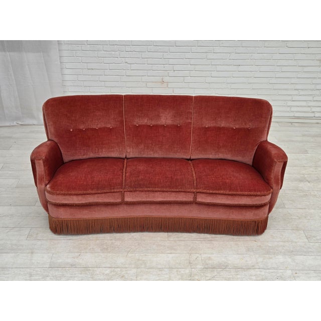 Three-Seater Danish Curved Sofa in Pink Furniture Velour, 1970s For Sale - Image 9 of 18